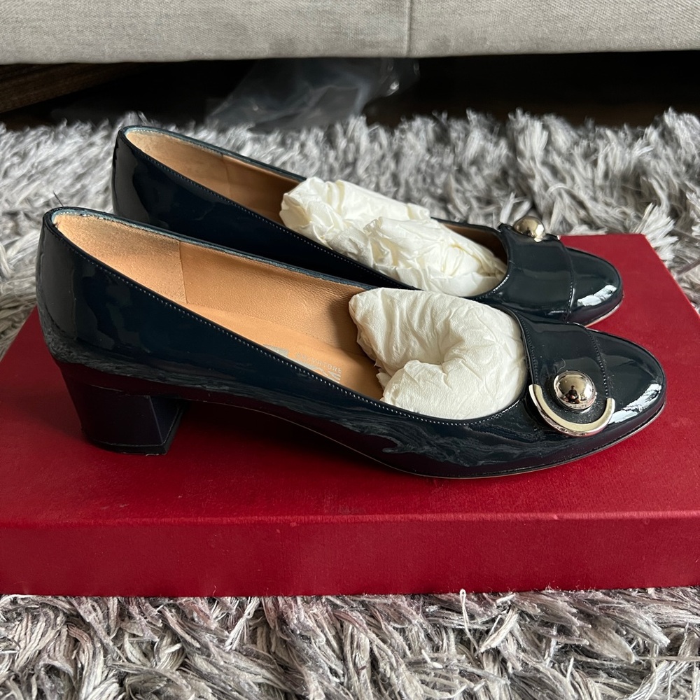 Ferragamo Dark Navy Patent Leather Pumps